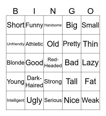 Spanish Adjectives Bingo Card