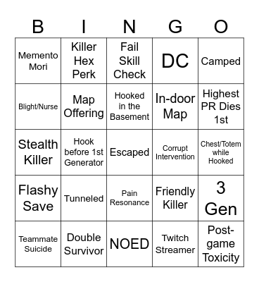 Dead by Daylight - Survivor Edition Bingo Card