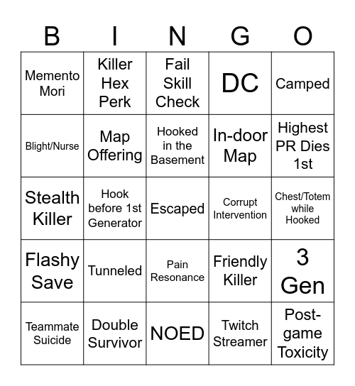 Dead by Daylight - Survivor Edition Bingo Card