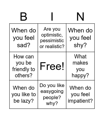 Personality types, emotions and feelings. Bingo Card