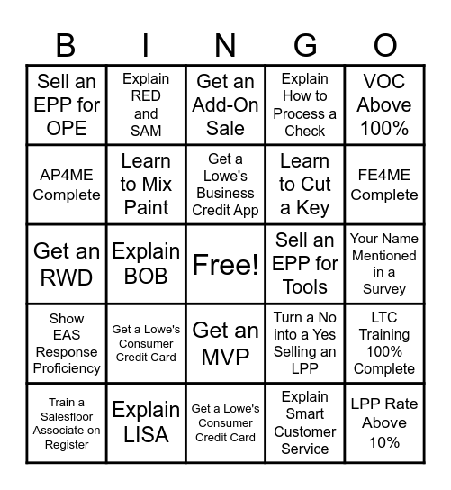 Front End at Lowe's Bingo Card
