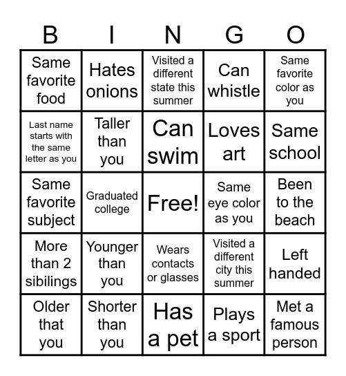 Meet your Neighbor BINGO Card