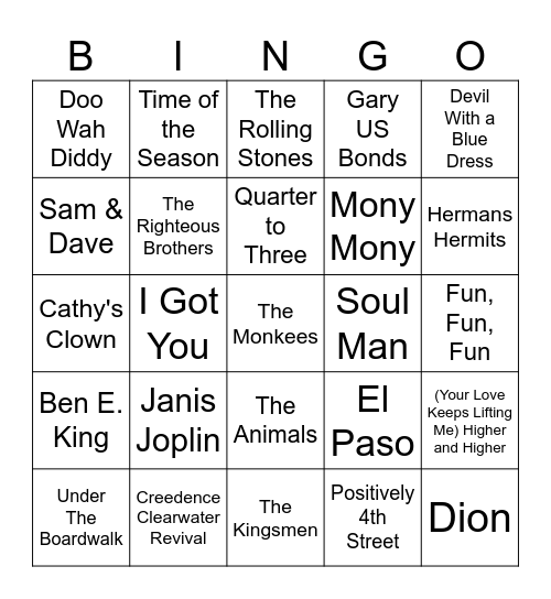 1960's Bingo Card