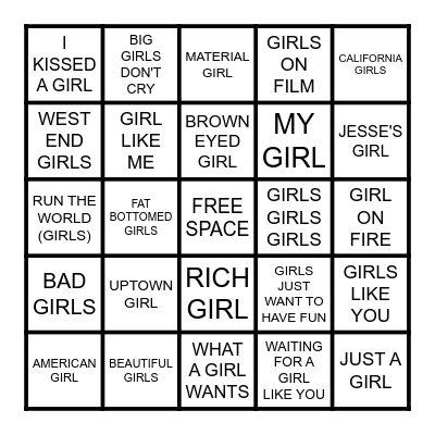 GIRLS GIRLS GIRLS Bingo Card