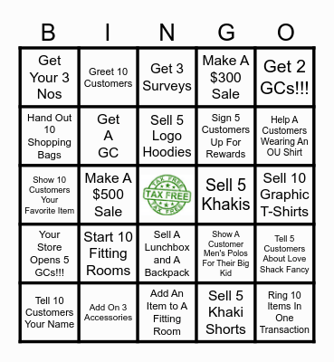 Tax Free Weekend Bingo Card