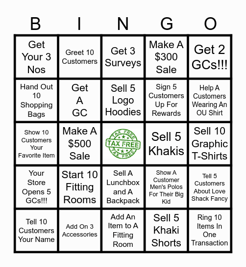 Tax Free Weekend Bingo Card