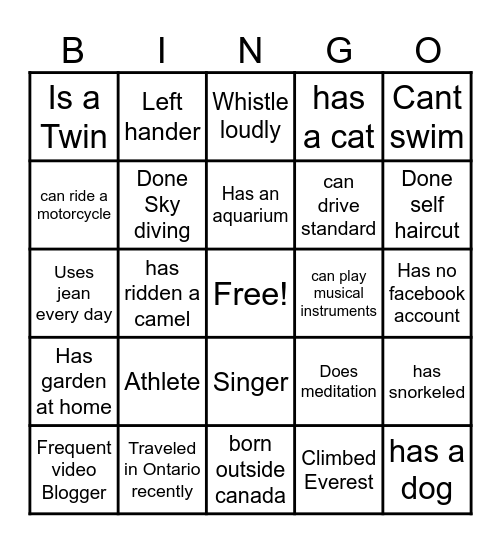 Team Building Bingo Card