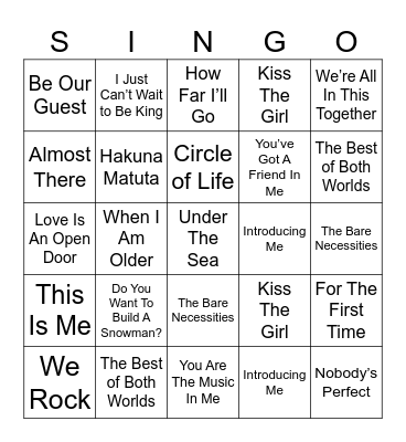 Disney Singo Bingo Card