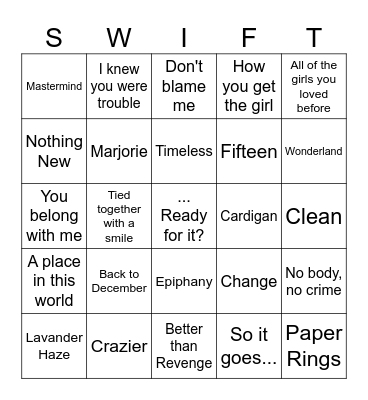 bingo swiftie Bingo Card