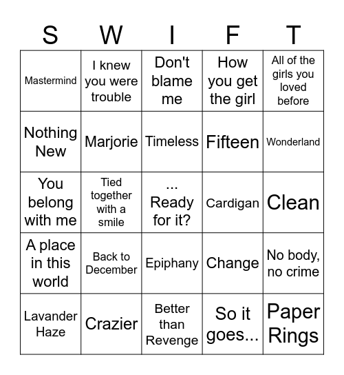 bingo swiftie Bingo Card