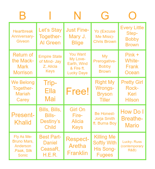 R&B MUSIC Bingo Card