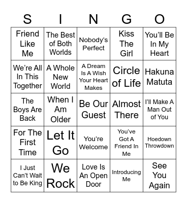 Disney Singo 2 Bingo Card