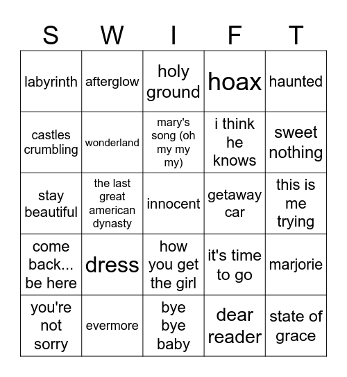 Bingo Swiftie Bingo Card