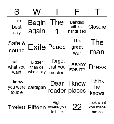 Bingo Taylor's Version Bingo Card