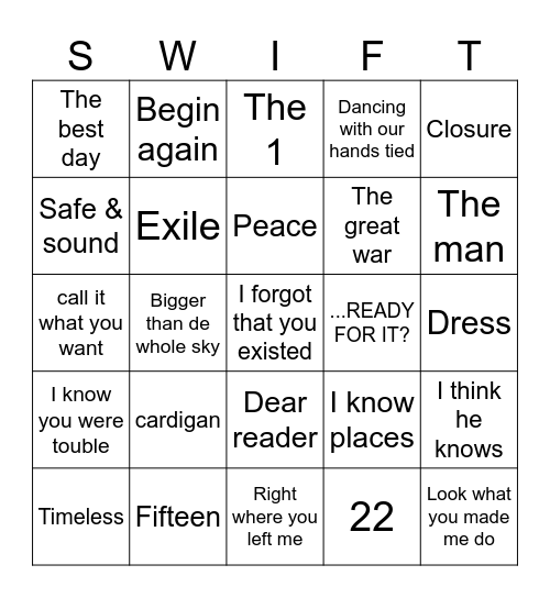 Bingo Taylor's Version Bingo Card