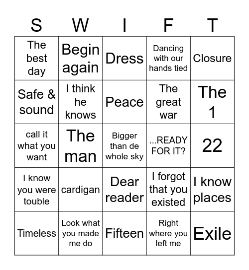 Bingo Taylor's Version Bingo Card