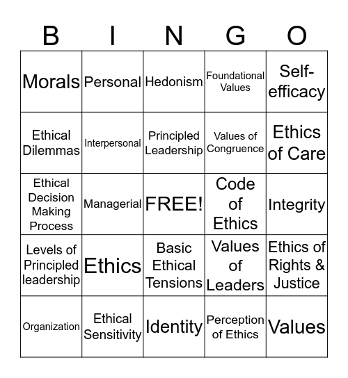 Values & Ethics in Leisure Service Leadership  Bingo Card
