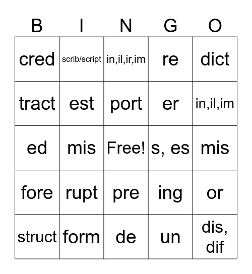 Morpheme Bingo Card