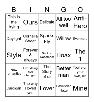 Bingo Swiftie Bingo Card