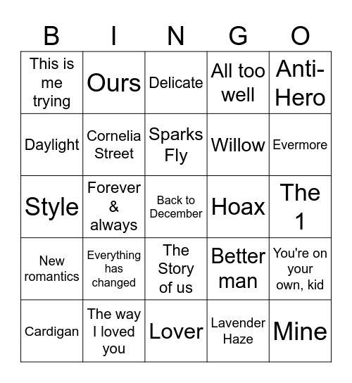Bingo Swiftie Bingo Card
