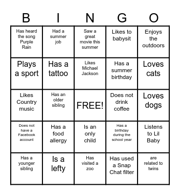 Getting to Know You! 312 B Bingo Card