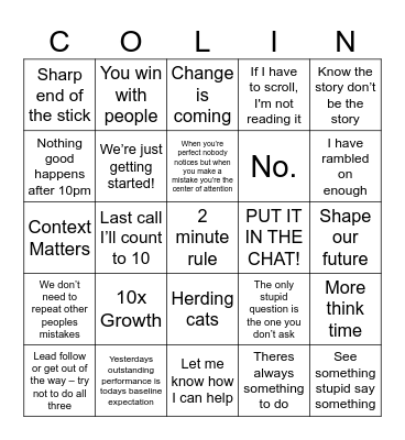 Colin Bingo! Bingo Card