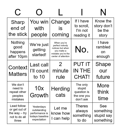 Colin Bingo! Bingo Card