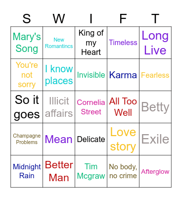 Bingo Swiftie Bingo Card