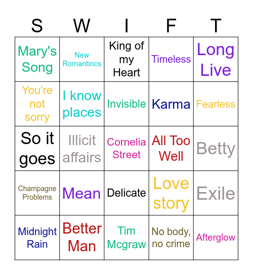 Bingo Swiftie Bingo Card