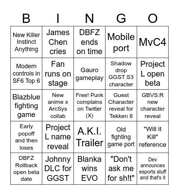 Evo 2023 weekend Bingo Card