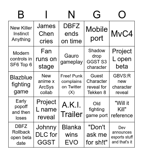 Evo 2023 weekend Bingo Card