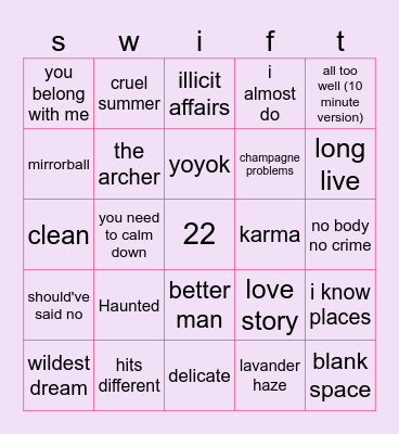 bingo swiftie Bingo Card