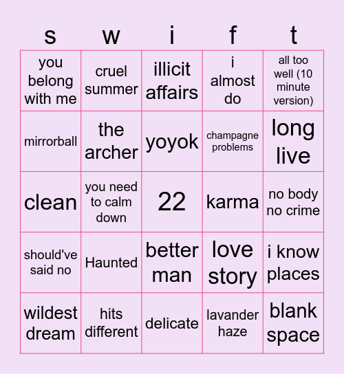 bingo swiftie Bingo Card