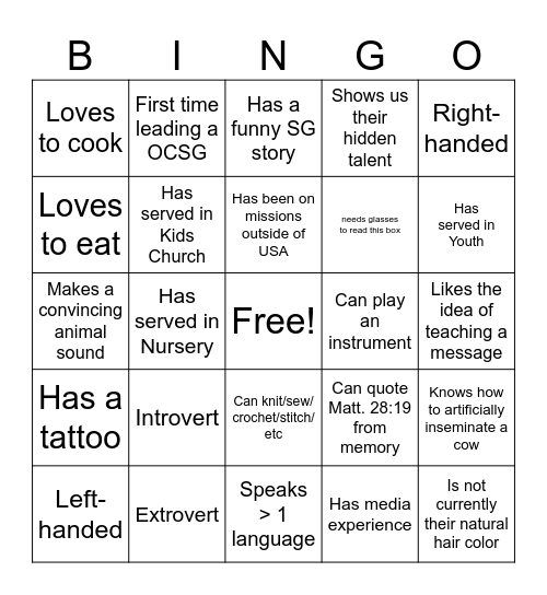 OC Small Group BINGO!! Bingo Card