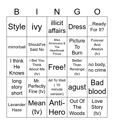 Bingo Swiftie Bingo Card