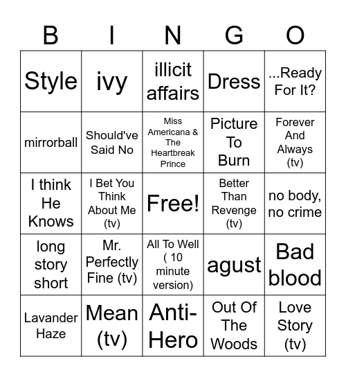 Bingo Swiftie Bingo Card