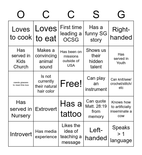 OCC Small Group BINGO!! Bingo Card