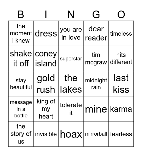 taylor <3 Bingo Card