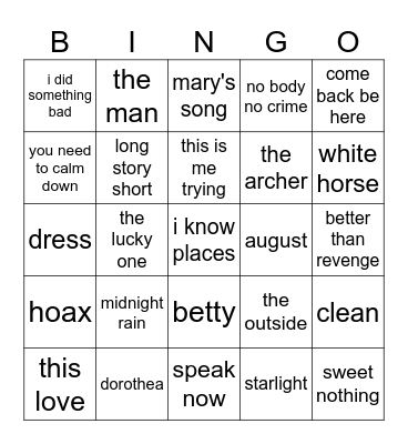 bingno swiftie Bingo Card