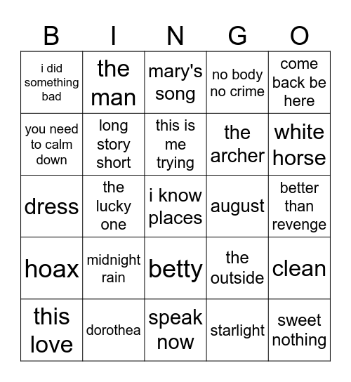 bingno swiftie Bingo Card