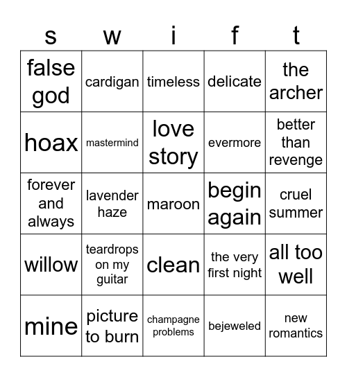 bingo swiftie Bingo Card
