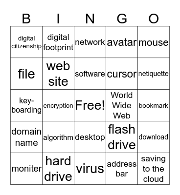 Computer Vocabulary Words Bingo Card