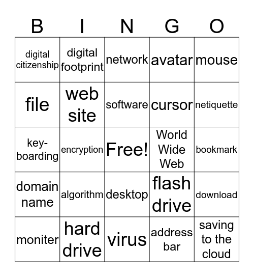 Computer Vocabulary Words Bingo Card