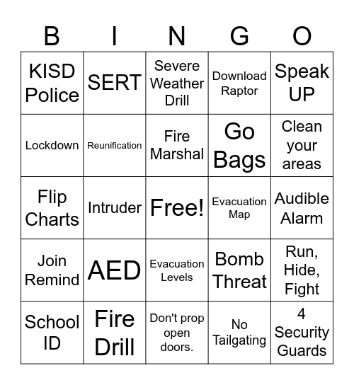 Safety Bingo Card