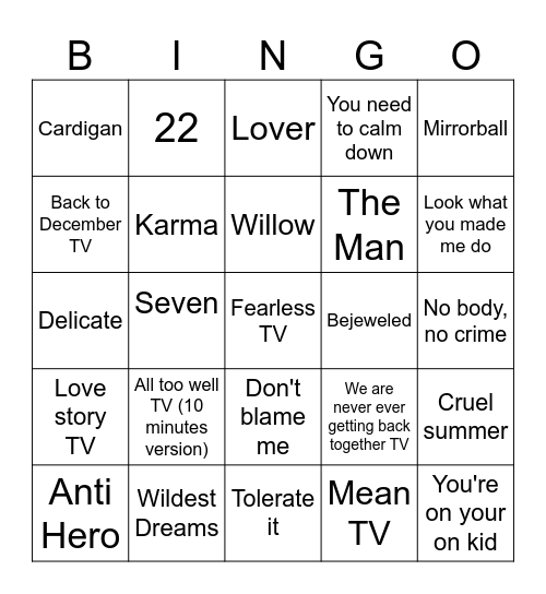 Taylor Bingo Card