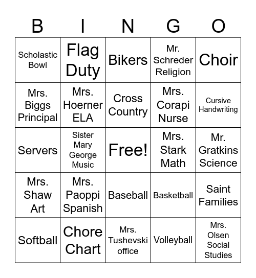 St. Matt's 8th Grade Bingo Card