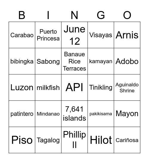 Filipino American Heritage Month Bingo Card