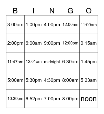 Time Bingo Card