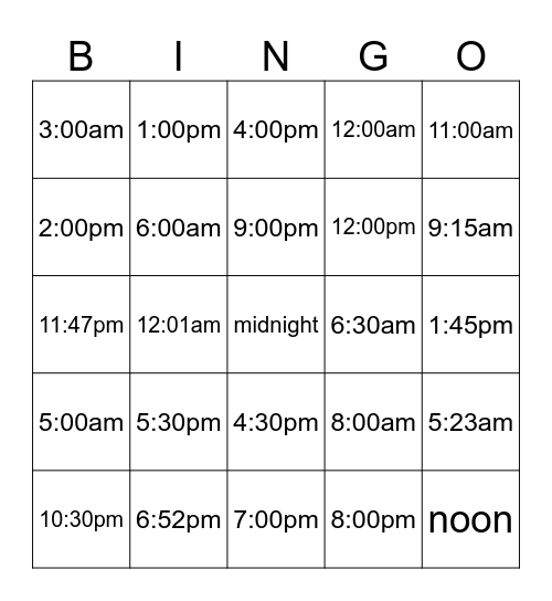 Time Bingo Card