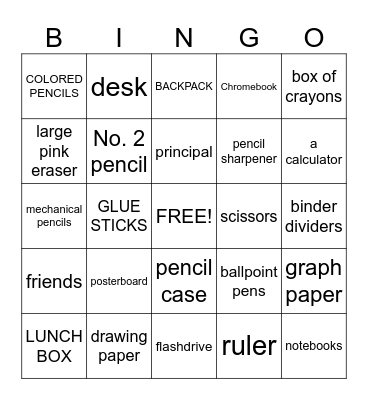 BACK TO SCHOOL Bingo Card